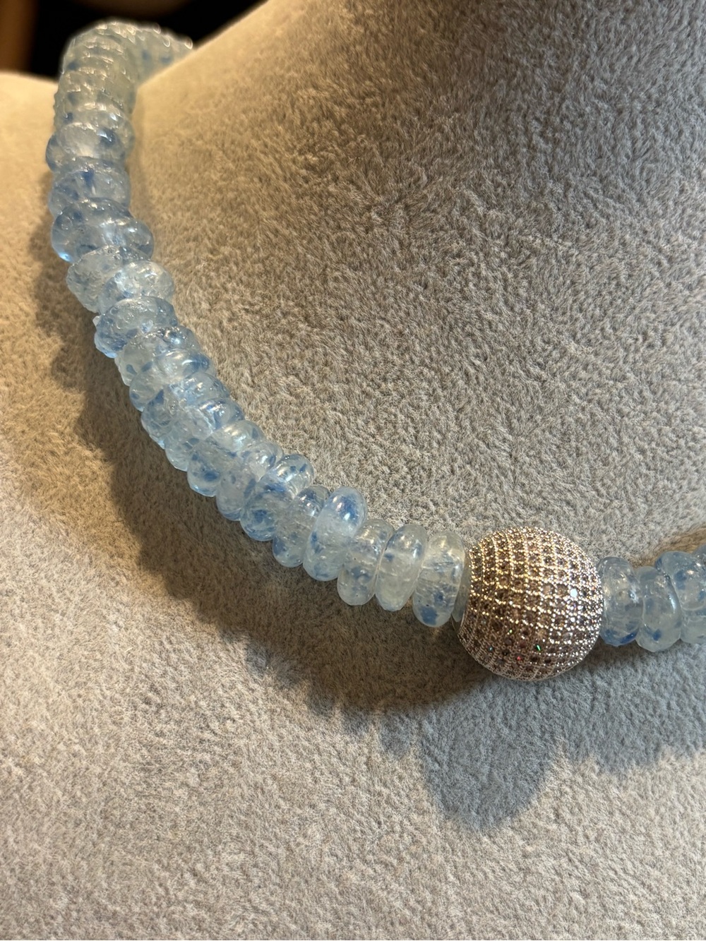 Light Blue glass Beaded Necklace with Pave Silver Ball Accent